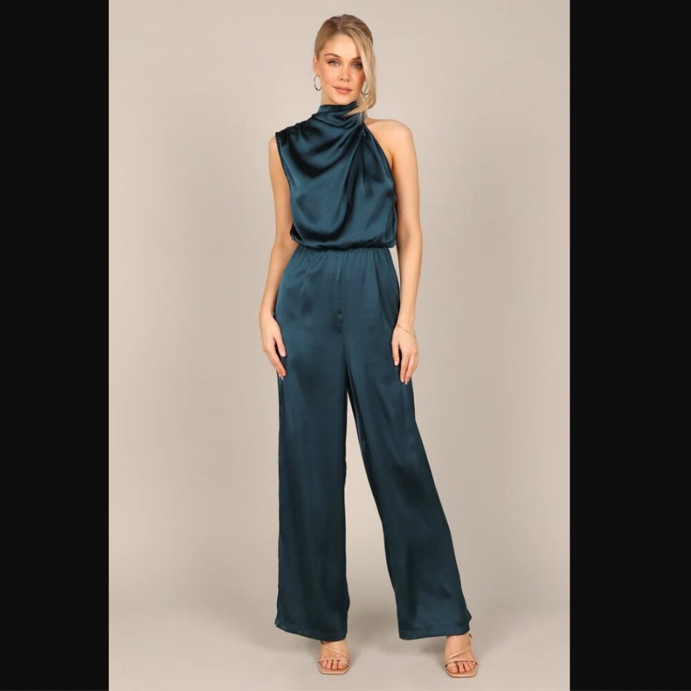 💋PRICE DROP💋 Petal & Pup Savannah Peacock Teal Satin One Shoulder Jumpsuit XL 🦚